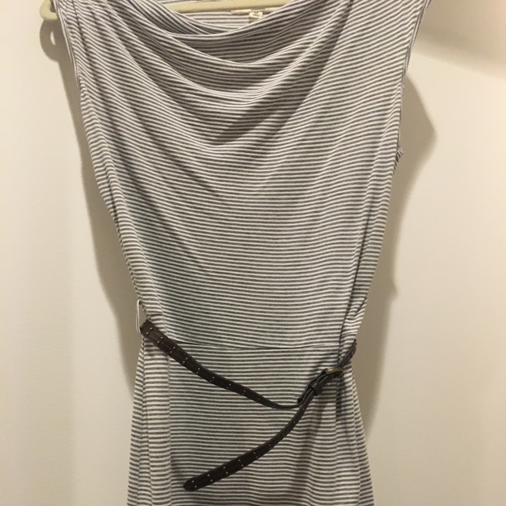 Grey and white striped Ya dress with belt